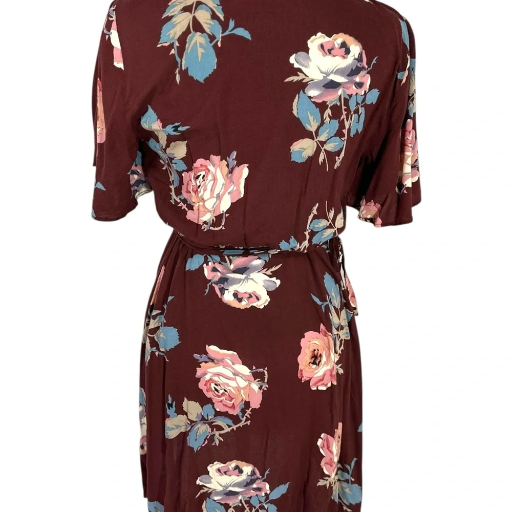 Show Me‎ Your MuMu Burgundy Floral Mini Wrap Dress Short Sleeve V-Neck  Size S - Picture 8 of 8